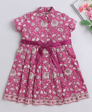 The Magic Wand Half Sleeves Floral Printed Box Pleated Dress - Pink