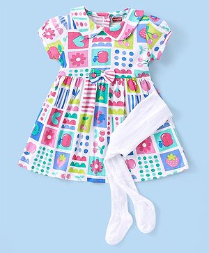 Babyhug Single Jersey Knit Half Sleeves Peter Pan Collar Frock with Leggings Floral & Heart Print - White
