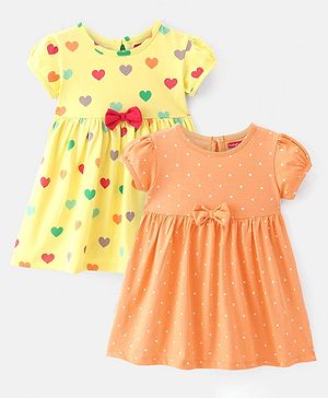 Babyhug Single Jersey Knit Half Sleeves Frocks with Polka Dot Print Bow Applique Pack of 2 - Multicolour