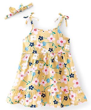 Babyhug 100% Cotton Woven Sleeveless Floral Printed Frock with Headband -Yellow
