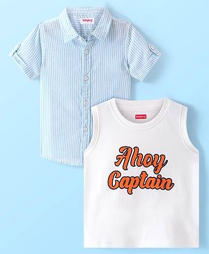 Babyhug Cotton Half Sleeves Striped Kurta Shirt with Printed Inner T-Shirt - Light Blue & White