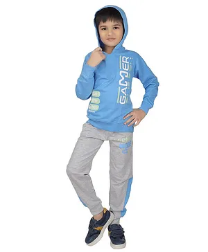 Nottie Planet Full Sleeves Gamer Text Printed Hoodie  With Joggers Set - Blue
