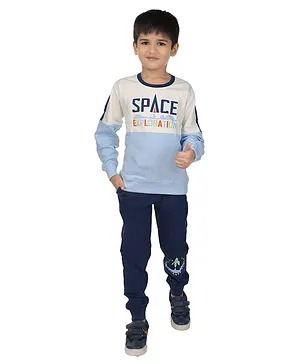 Nottie Planet Full Sleeves Colour Blocked & Space Exploration Text Printed Tee With Joggers - Blue