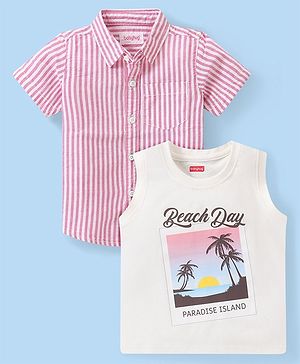 Babyhug Cotton Woven Half Sleeves   Striped Shirt with Sleeveless T-Shirt Tropical Print - Pink