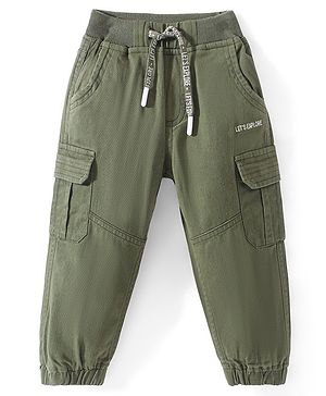 Babyhug Cotton Lycra Woven Full Length Solid Colour Stretchable Trousers  - Olive Green