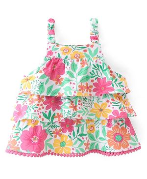 Babyhug 100% Cotton Knit Sleeveless Top with Frills Lace Detailing & Floral Print- Top