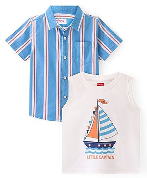 Babyhug 100% Cotton Woven Half Sleeve Shirt with Inner T -Shirt Striped & Boat Print - Blue & White