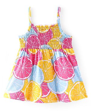 Babyhug 100% Cotton Knit Sleeveless Top with Orange Print & Smocking Detailing - Multicolour