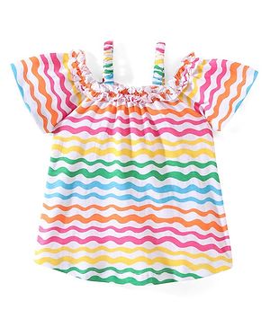 Babyhug Cotton Knit Half Sleeves Cropped Top with Frill Detailing Wavy Print - Multicolour