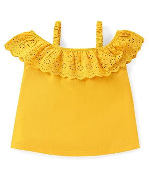 Babyhug Cotton Knit  Sleeveless Schiffli Top With Frill Detailing - Mustard