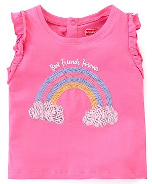 Babyhug Cotton Knit Sleeveless T-Shirt with Text & Rainbow  Print - Pink