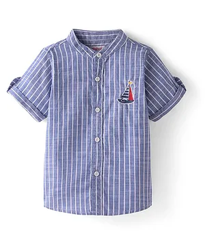 Babyhug Cotton Half Sleeves Striped Shirt with Boat Embroidery - Blue