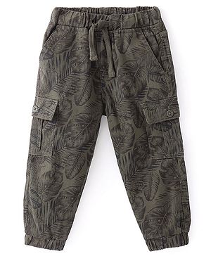 Babyhug Cotton Lycra Woven Full Length Stretchable Tropical Print Pant - Olive Grey