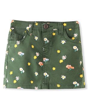Babyhug Cotton Lycra Woven Mid Thigh Floral Printed Stretchable Skirt - Olive Green