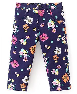 Babyhug Cotton Lycra Woven  Full Length Trousers Floral Print - Navy Blue