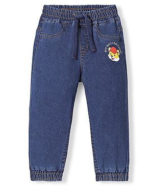 Babyhug Denim Full Length Tiger Printed Stretchable Joggers - Medium Blue