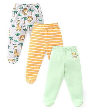 Babyhug Interlock  Cotton Knit Footed Bootie Leggings Striped Giraffe & Lion  Print Pack of 3 - Blue White & Orange