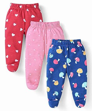 Babyhug Interlock Knit Heart & Polka Dot Printed Bootie Leggings Pack of 3 - Red Pink & Blue