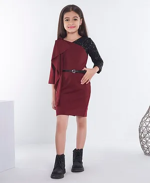 Ministitch Three Fourth Sleeves Sequin Embellished & Ruffle Detailed  Dress With Belt -  Maroon