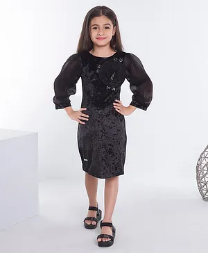 Ministitch Velvet Puffed Full Sleeves Flower Applique Detailed  Dress - Black