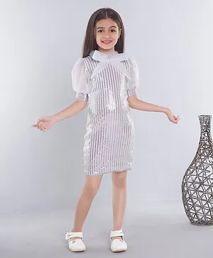 Ministitch Half Puff Sleeves Sequin Embellished Dress - White