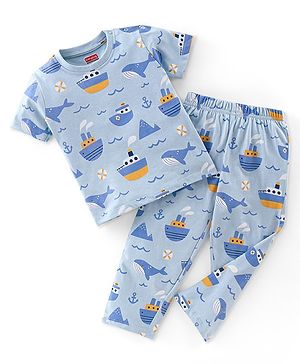 Babyhug Cotton Knit Half Sleeves Night Suit With Sea Life Print - Blue