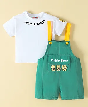 Kookie Kids Dungarees With Half Sleeves T-Shirt Teddy & Text Print - White & Green