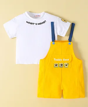 Kookie Kids Dungarees With Half Sleeves T-Shirt Teddy & Text Print - White & Yellow