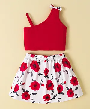 Kookie Kids One Shoulder Sleeves Top & Skirt Set Floral Print - Red