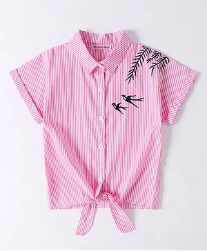 Kookie Kids Cotton Half Sleeves Knotted Striped  Top with Sparrow Print - Pink