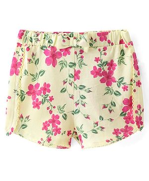 Babyhug Single Jersey Knit Mid Thigh Length Shorts Floral Print with Bow Applique - Yellow