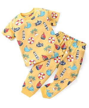 Babyhug Cotton Knit Half Sleeves Night Suit with Nautical Theme - Yellow