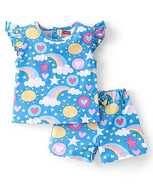 Babyhug Cotton Knit Half Sleeves Night Suit With Rainbow Print - Blue