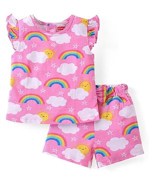 Babyhug Cotton Knit Frill Sleeves Night Suit With Rainbow Print - Pink