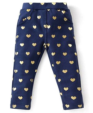 Babyhug Cotton Looper Knit Full Length Heart Printed Jeggings - Navy