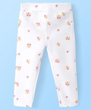 Babyhug Cotton Knit Full Length Looper Jeggings Floral Print - White