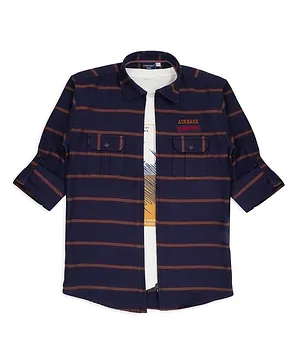 Charchit Full Sleeves Striped Zipper Shirt With Tee - Navy Blue
