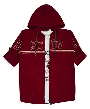 Charchit Full Sleeves Letters Printed Hooded Zipper Shirt With Tee - Maroon