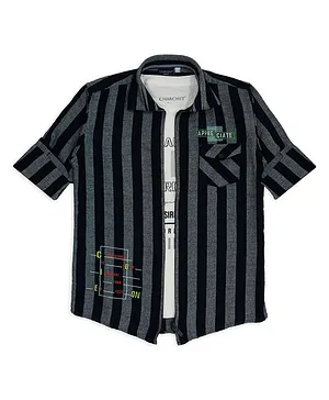 Charchit Full Sleeves Striped Zipper Shirt With Tee - Black & Grey