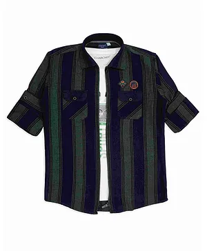 Charchit Full Sleeves Striped Zipper Shirt With Tee - Green