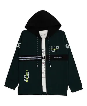 Charchit Full Sleeves Run Faster Text Printed  Hooded Zipper Shirt With Tee - Dark Green
