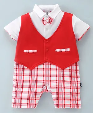 Mini Taurus Cotton Knit Half Sleeves Checked Party Romper with Bow - Red