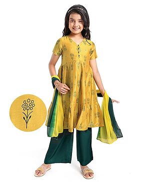 Pine Kids Silk Viscose Woven Half Sleeves Gold Foil Floral Printed Kurti Salwar Set with Shaded Dupatta- Yellow