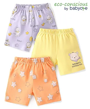 Babyoye Cotton with Eco Jiva Finish Knee Length Shorts Bear Print Pack Of 3 - Purple Orange & Yellow