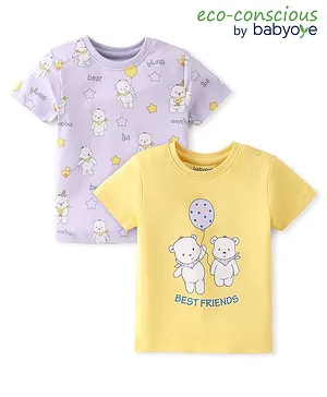 Babyoye  100% Cotton with Eco Jiva Finish Half Sleeves Teddy Bears  Printed T-Shirts Pack of 2 - Yellow & Purple
