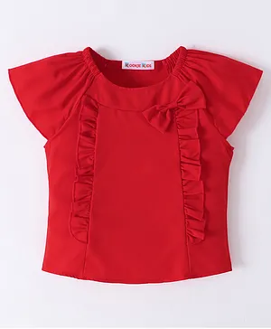 Kookie Kids  Half Sleeves  Top with Frill Detailing Bow Applique Solid Colour - Red