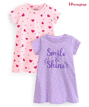 Honeyhap Premium 100% Cotton Single Jersey Knit Nighty with Bio Finish Heart Print Pack of 2 - Pink & Lavender