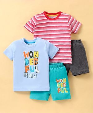 OHMS Single Jersey  Knit Half Sleeves T-Shirts & Short Set with Striped & Text Print Pack of 2 - Multicolour