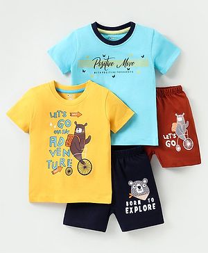 OHMS Single Jersey Knit Half Sleeves T-Shirts & Shorts Set with Bear & Text Print Pack of 2 - Multicolour