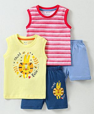 OHMS Single Jersey Knit Sleeveless T-Shirts & Shorts Set with Striped & Lion Print Pack of 2 - Multicolour